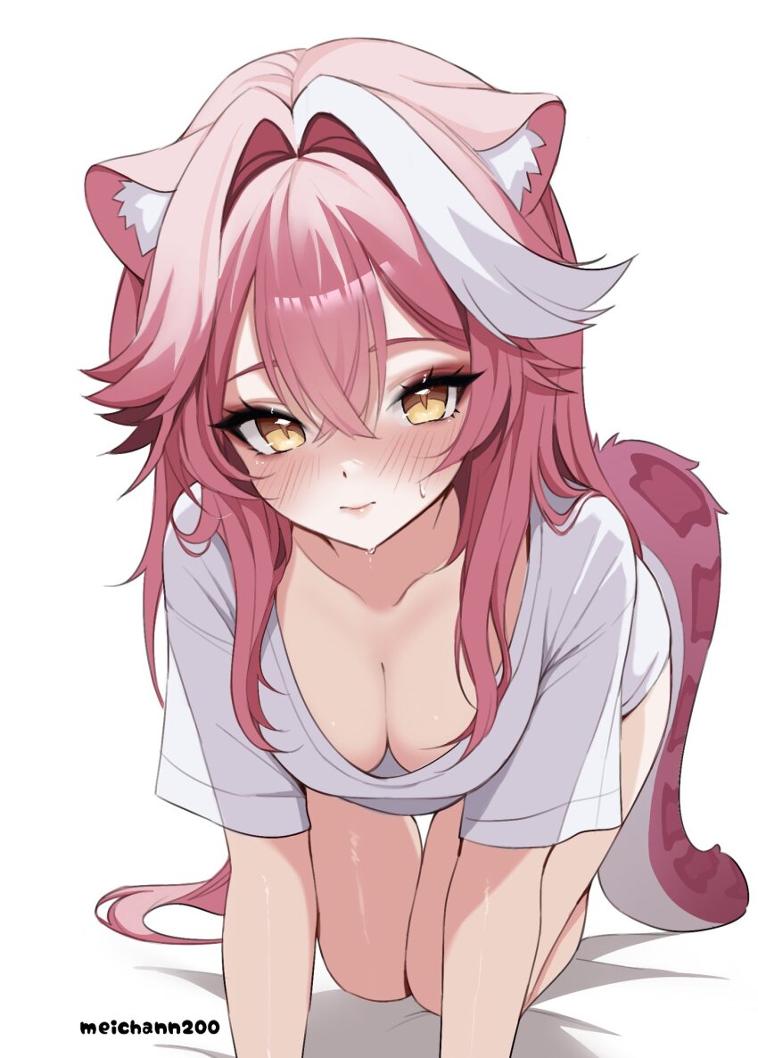 all_fours alternate_costume animal_ears blush breasts cleavage closed_mouth hair_between_eyes hair_intakes hashtag-only_commentary highres hololive hololive_english large_breasts looking_at_viewer meichan multicolored_hair panther_ears panther_girl panther_tail pink_fur pink_hair raora_panthera shirt short_sleeves sidelocks simple_background smile solo sweatdrop tail virtual_youtuber white_background white_hair white_shirt yellow_eyes
