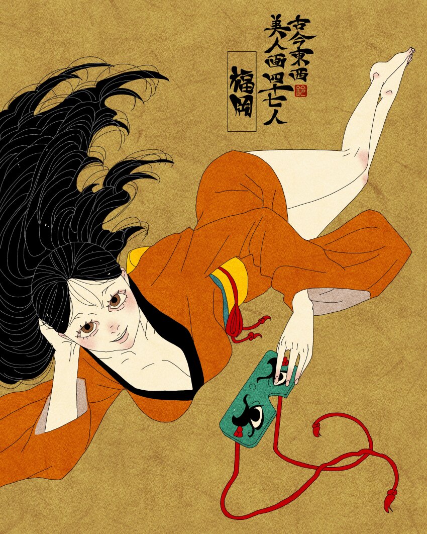 1girl absurdres annotated arm_support artist_logo barefoot black_hair breasts cleavage fukuoka_prefecture highres holding holding_mask japanese_clothes kimono logo long_hair looking_at_viewer lying mask obi orange_kimono original sash sei5osuzuki solo wide_sleeves