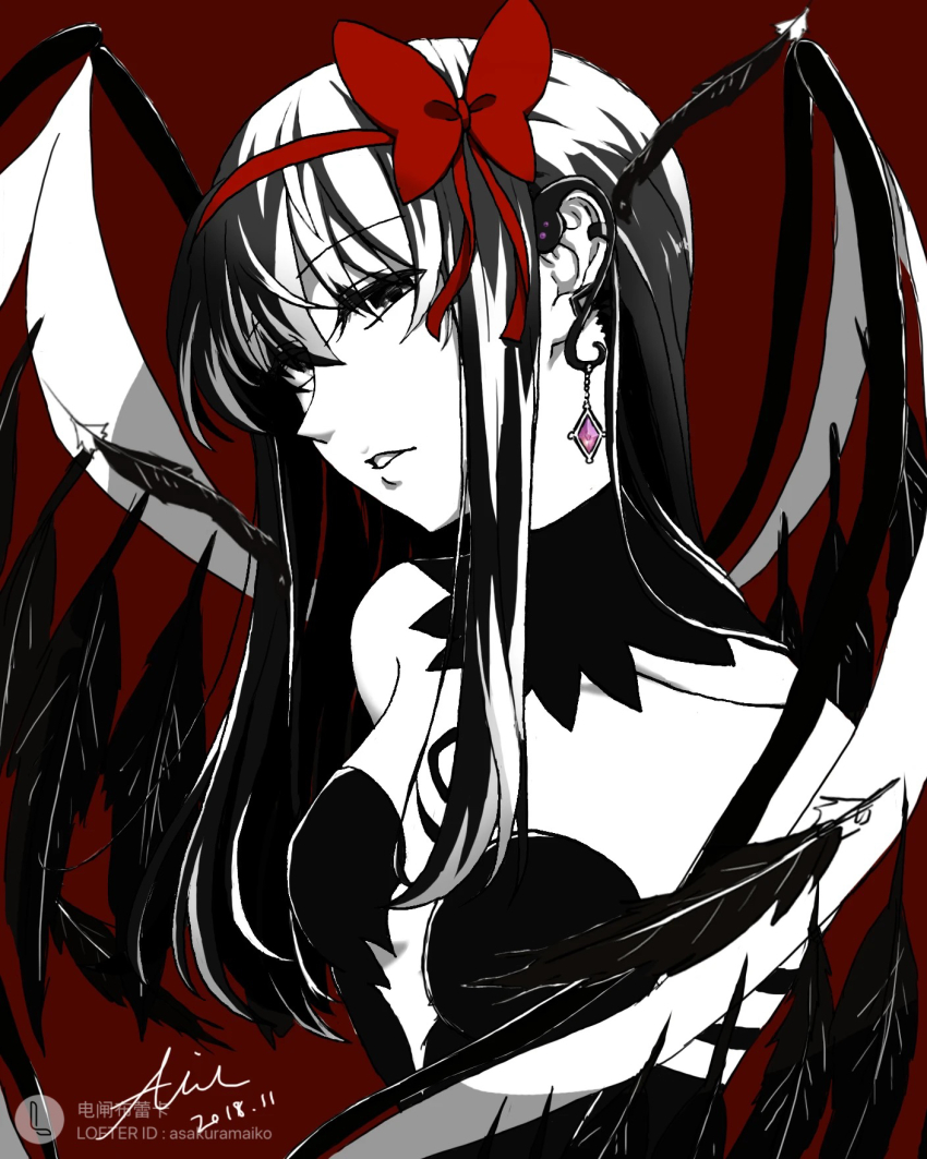 1girl akemi_homura akuma_homura bow breasts center_opening cleavage dated detached_collar dianzhajun dress feathered_wings hair_bow highres limited_palette long_hair mahou_shoujo_madoka_magica mahou_shoujo_madoka_magica:_hangyaku_no_monogatari parted_lips red_bow signature solo wings