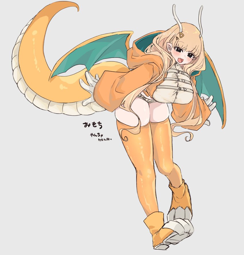 1girl an_fyhx animal_shoes black_eyes blonde_hair breasts buttons dragon_girl dragon_tail dragon_wings dragonite eastern_dragon_horns fang gen_1_pokemon gloves hair_ornament highres hood hoodie horns humanization large_breasts long_hair monster_girl nintendo open_mouth orange_hoodie orange_tail orange_thighhighs pointy_ears pokemon short_shorts shorts skin_fang solo tail thick_thighs thighhighs thighs translation_request wings