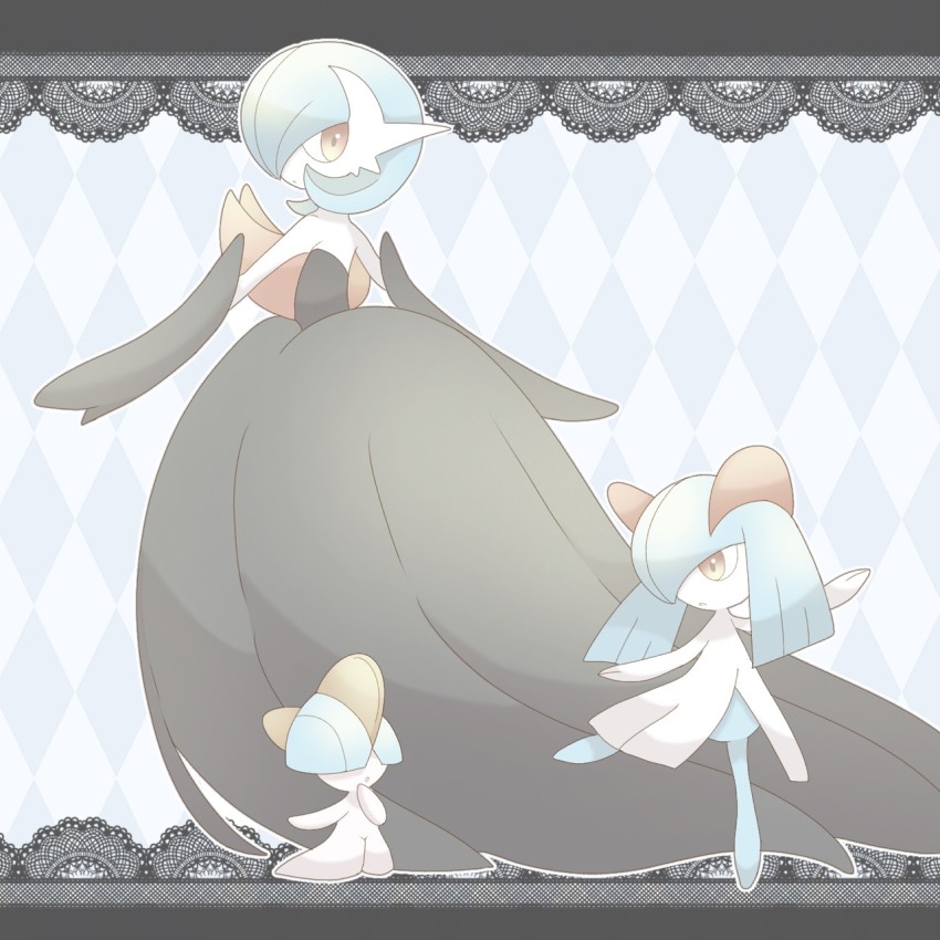alternate_color black_dress black_gloves blue_hair blue_skin bob_cut bowl_cut colored_skin dress elbow_gloves gardevoir gen_3_pokemon gloves h_k225 hair_over_eyes hair_over_one_eye highres horns kirlia mega_gardevoir mega_pokemon multicolored_skin nintendo pokemon pokemon_(creature) ralts shiny_pokemon sidelocks strapless strapless_dress two-tone_skin white_skin