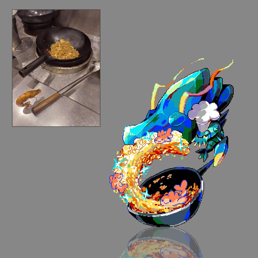 animal_focus chef_hat clawitzer commentary english_commentary food food_focus fried_rice gen_6_pokemon hat highres ladle meme nintendo no_humans photo_inset pixel_art pokemon pokemon_(creature) reflection robin_(pixelated_robin) shrimp shrimp_fried_this_rice_(meme) wok