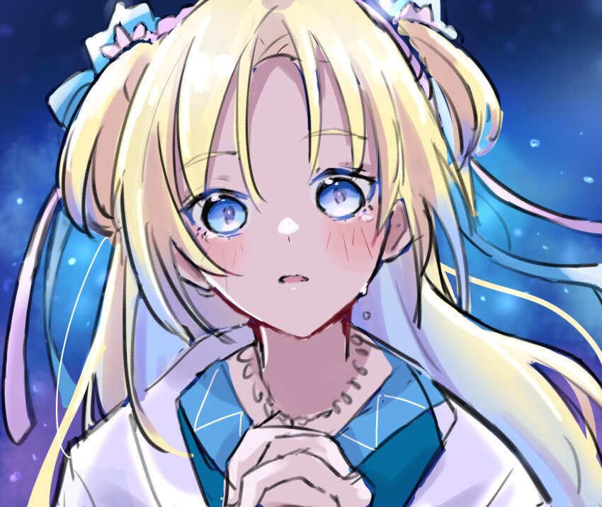 1girl blonde_hair blue_eyes blue_hair blue_kimono commentary_request crying crying_with_eyes_open curtained_hair gradient_hair highres interlocked_fingers japanese_clothes kimono link!_like!_love_live! long_hair love_live! multicolored_hair official_alternate_costume open_mouth orihime_soushi_(love_live!) osawa_rurino own_hands_clasped own_hands_together parted_bangs parted_lips portrait roku_aya_fuyu solo tanabata tears twintails