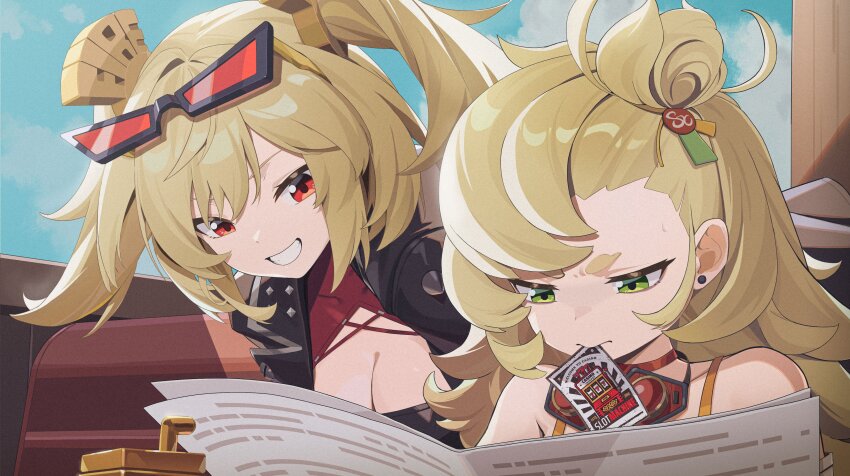 2girls a4210582001 absurdres blonde_hair breasts burnice_white card_in_mouth cleavage eyewear_on_head goggles goggles_around_neck green_eyes highres holding holding_newspaper large_breasts mouth_hold multiple_girls newspaper piper_wheel reading red-tinted_eyewear red_eyes smile tinted_eyewear twintails upper_body zenless_zone_zero