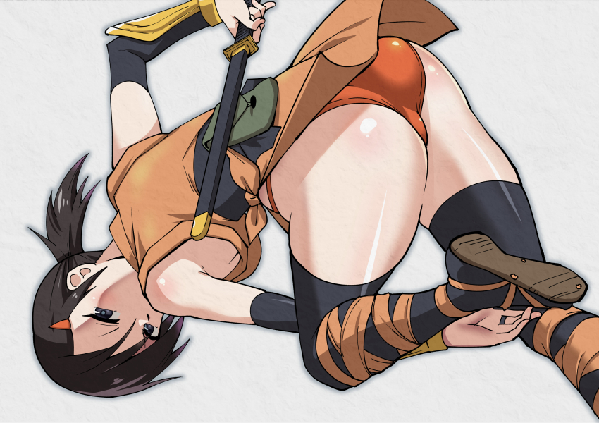 1girl ass black_eyes black_hair black_thighhighs breasts closed_mouth elbow_gloves foot_out_of_frame gloves hair_ornament hairclip highres holding holding_knife japanese_clothes kaede_(onimusha) knife looking_at_viewer ninja onimusha orange_panties panties short_hair simple_background solo thighhighs toku_sonchou underwear weapon white_background