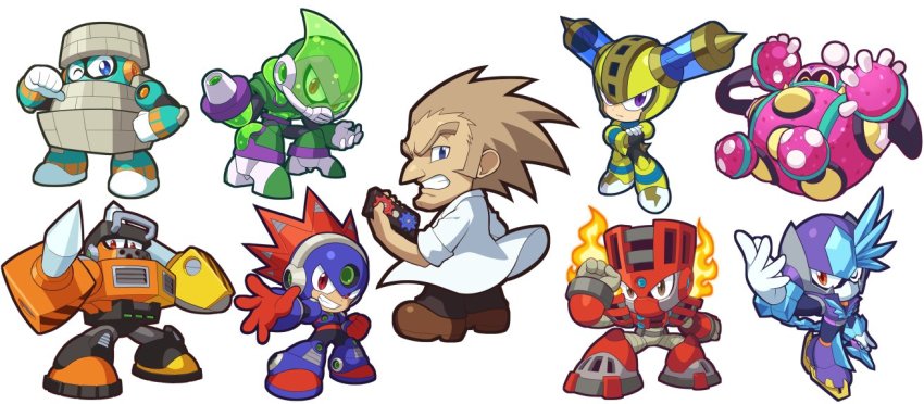 6+boys ;) acid_man android arm_cannon blast_man block_man blue_eyes bounce_man brown_hair capcom chibi crossed_arms dr._wily_(mega_man) fire fuse_man helmet impact_man kin_niku lab_coat male_focus mega_man:_powered_up mega_man_(classic) mega_man_(series) mega_man_11 multiple_boys official_style one_eye_closed orange_eyes outstretched_arm parody pointing pointing_at_self purple_eyes red_eyes robot sideburns simple_background smile style_parody torch_man tundra_man weapon white_background aged_down
