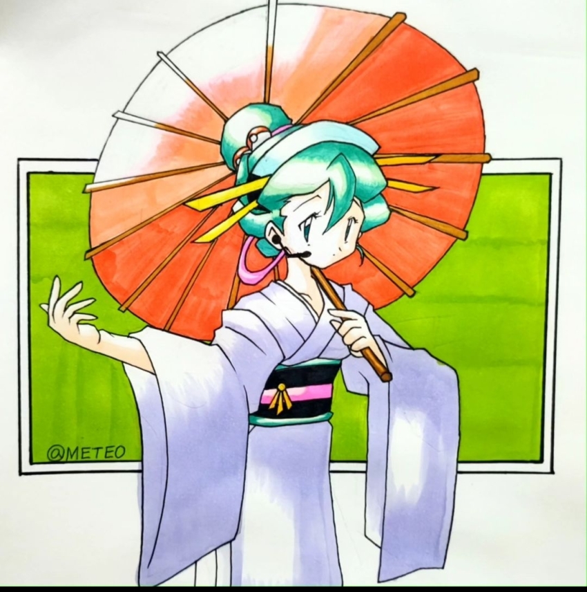 1990s_(style) 1girl aqua_hair blue_eyes blue_hair closed_mouth cosplay dot_mouth geisha green_hair hair_bun hair_ornament hair_stick hatsune_miku headset holding holding_umbrella japanese_clothes kimono kimono_girl_(pokemon) kimono_girl_(pokemon)_(cosplay) long_sleeves looking_at_viewer meteo_(user_xjar7225) microphone nintendo obi parasol parody poke_ball poke_ball_(basic) poke_ball_hair_ornament pokemon pokemon_gsc pokemon_gsc_(style) pokemon_rgby_(style) purple_kimono retro_artstyle sash single_hair_bun smile style_parody sugimori_ken_(style) umbrella vocaloid wide_sleeves