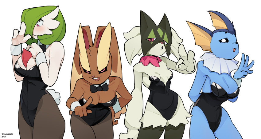 4girls :3 absurdres animal_nose arm_at_side arm_behind_back arm_up artist_name averting_eyes bare_shoulders black_bow black_bowtie black_fur black_leotard black_pantyhose black_sclera blue_skin bob_cut body_fur bow bowtie breasts brown_fur buck_teeth cat_girl cleavage closed_mouth clothed_pokemon collarbone colored_sclera colored_skin constricted_pupils cowboy_shot dated detached_collar embarrassed fake_tail female_focus finger_counting fins furry furry_female gardevoir gen_1_pokemon gen_3_pokemon gen_4_pokemon green_fur green_hair hair_over_one_eye half-closed_eyes hand_on_own_chest hand_on_own_hip hands_up happy head_fins highres index_finger_raised large_breasts leaning_forward leotard looking_at_viewer looking_down lopunny medium_breasts meowscarada multiple_girls nintendo one_eye_covered open_mouth pantyhose parted_lips personification playboy_bunny pokemon pokemon_(creature) rabbit_ears rabbit_girl rabbit_tail red_eyes ryu_(ryuwanshoy) short_hair shy simple_background small_breasts smile split_mouth standing strapless strapless_leotard tail teeth thighs traditional_bowtie two-tone_fur vaporeon watermark wavy_eyes wavy_mouth white_background white_eyes white_skin wrist_cuffs yellow_fur