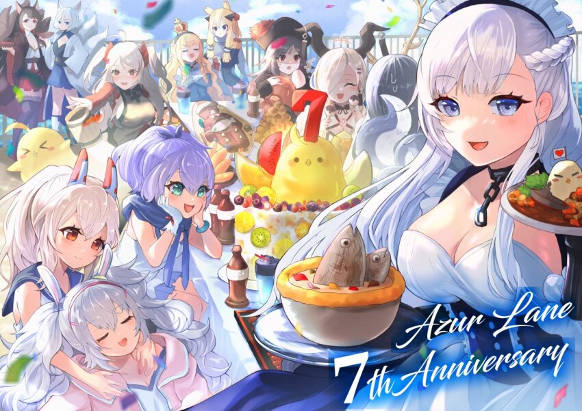 &gt;_&lt; 6+girls akagi_(azur_lane) animal_ears antenna_hair apron ayanami_(azur_lane) azur_lane bare_shoulders belfast_(azur_lane) black_hair black_hairband black_kimono black_skirt blonde_hair blue_eyes blue_skirt blue_sky blush breasts broken broken_chain brown_hair brown_horns brown_tail camisole chain cleavage closed_eyes coat confetti cross cross_earrings crossed_arms crown curry day detached_sleeves dress earrings english_text epaulettes fake_animal_ears food fox_ears fox_girl fox_tail frilled_apron frilled_gloves frills fruit gloves golden_hind_(azur_lane) green_eyes hair_between_eyes hair_ears hair_ornament hair_over_one_eye hairband hairclip hands_on_own_cheeks hands_on_own_face hat headgear high_ponytail holding holding_plate horn_ornament horns jacket japanese_clothes javelin_(azur_lane) jewelry kaga_(azur_lane) kimono kitsune kiwi_(fruit) kiwi_slice kyuubi laffey_(azur_lane) large_breasts large_horns long_hair long_sleeves looking_at_viewer lucky_daikichi maid maid_apron manjuu_(azur_lane) metal_belt mini_crown miniskirt multicolored_hair multiple_girls multiple_tails open_clothes open_coat open_mouth orange_eyes outdoors outstretched_arm owari_(azur_lane) oxy-cola_(azur_lane) pie pink_jacket pirate_costume pirate_hat plate pleated_skirt ponytail prinz_eugen_(azur_lane) purple_dress purple_eyes purple_hair queen_elizabeth_(azur_lane) rabbit_ears red_eyes red_hair red_hairband royal_fortune_(azur_lane) sailor_collar scarf short_hair sideboob single_glove skirt sky sleeping socks stargazy_pie streaked_hair table tail tentacle_hair tentacles twintails warspite_(azur_lane) white_camisole white_coat white_gloves white_hair white_kimono white_scarf white_socks white_tail wide_ponytail wide_sleeves