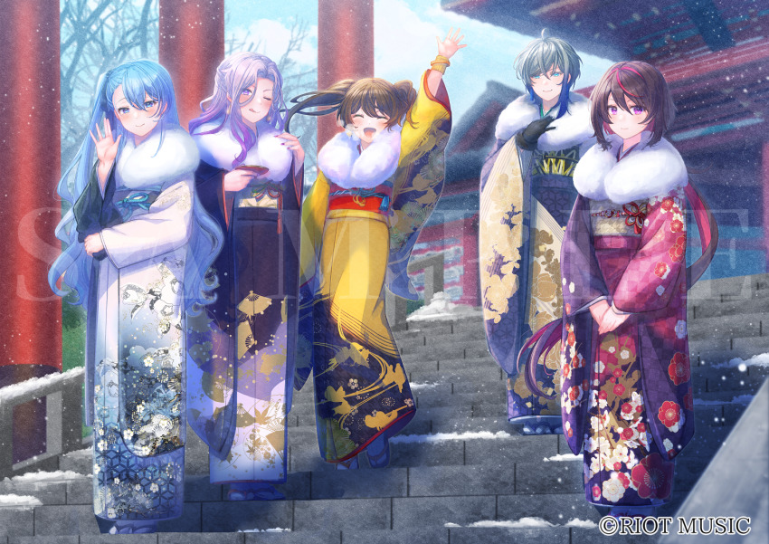 :d ^_^ arm_up bare_tree black_gloves black_hair black_kimono blue_eyes blue_hair blue_kimono blue_sky breath brown_hair character_request closed_eyes cloud commentary_request day floral_print fur_collar gloves grey_hair hair_between_eyes hair_intakes ittokyu japanese_clothes kanzaki_akane kimono long_hair long_sleeves meteopolis multicolored_hair nagihara_suzuna obi official_art open_mouth outdoors own_hands_together print_kimono purple_eyes purple_hair purple_kimono riot_music sash sky sleeves_past_wrists smile snow snowing stairs stone_stairs tree twintails two-tone_hair very_long_hair wide_sleeves yellow_kimono