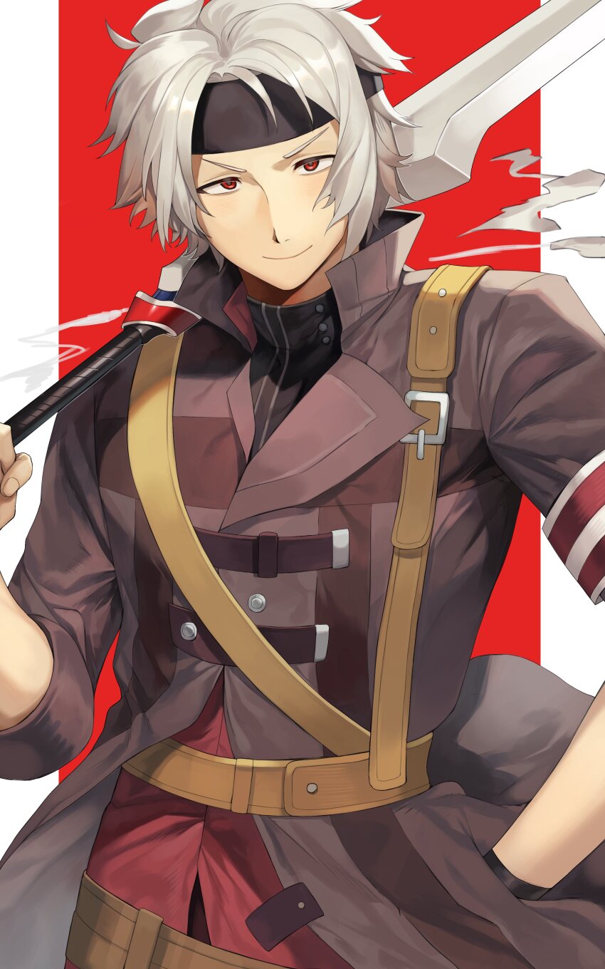 1boy absurdres black_headband brown_coat cancanbaobao55 closed_mouth coat crow_armbrust double_blade eiyuu_densetsu hashtag-only_commentary headband highres holding holding_weapon looking_at_viewer male_focus outside_border pillarboxed red_background red_eyes sen_no_kiseki sen_no_kiseki_(series) sen_no_kiseki_ii short_hair simple_background smile smoke solo standing v-shaped_eyebrows weapon white_hair