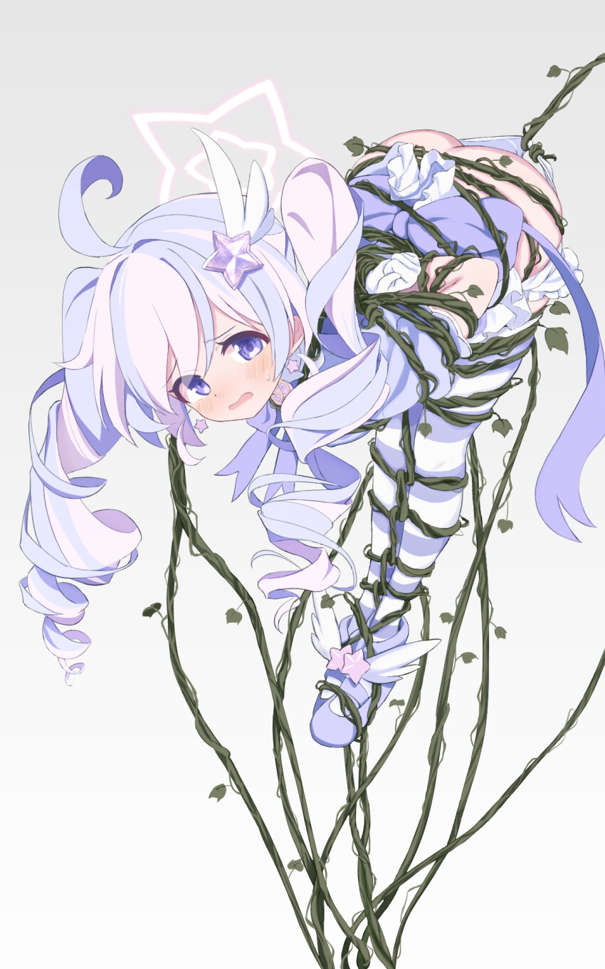 1girl ahoge arms_behind_back ass bdsm blue_archive blush bondage bound bound_ankles bound_arms bound_legs bound_thighs bound_torso bound_wrists crying crying_with_eyes_open drill_hair gloves hair_ornament halo hamuta_(machosbrown) highres magical_girl multicolored_hair official_alternate_costume open_mouth panties panty_pull pantyhose pink_hair puffy_sleeves purple_eyes purple_hair reisa_(blue_archive) reisa_(magical)_(blue_archive) restrained shibari shibari_over_clothes short_sleeves solo star_(symbol) star_halo striped_clothes striped_pantyhose suspension tears twin_drills twintails two-tone_hair underwear vine_bondage white_gloves