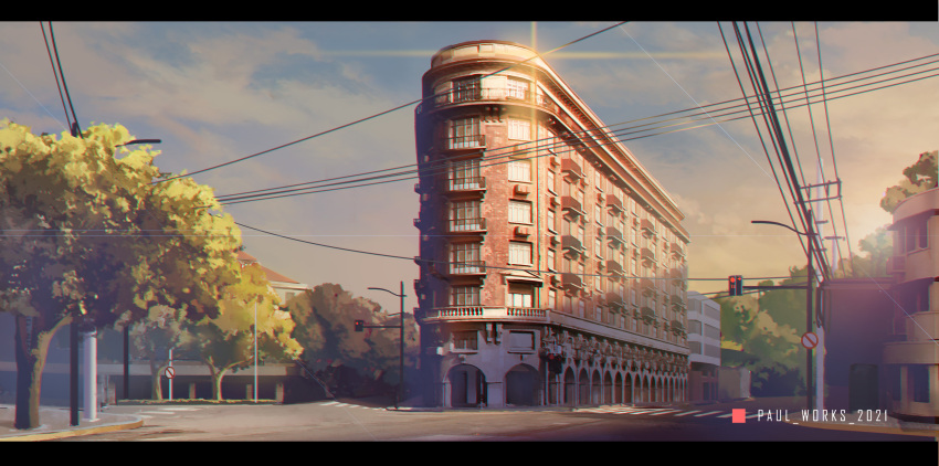 2021 absurdres building china chromatic_aberration highres lamppost landscape lonesome_street no_humans original outdoors shanghai sky tree