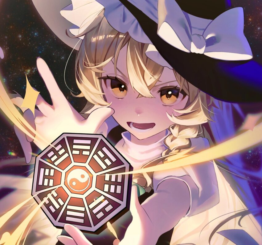 1girl black_hat black_sky black_vest blonde_hair bloom bow braid commentary_request crossed_bangs frills green_bow hair_between_eyes hair_bow hands_up hat hat_bow kirisame_marisa ko_gyoku long_hair looking_at_viewer mini-hakkero night night_sky open_mouth orange_eyes outdoors puffy_short_sleeves puffy_sleeves shirt short_sleeves single_braid sky smile solo sparkle star_(sky) starry_sky teeth touhou turtleneck turtleneck_shirt upper_body v-shaped_eyebrows vest white_bow white_shirt witch_hat yin_yang