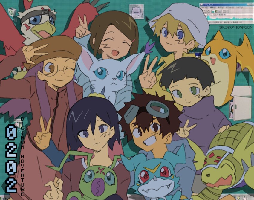 3girls armadimon beak bird black_hair blonde_hair blue_eyes body_fur brown_feathers brown_hair brown_hat bug cat closed_eyes digimon digimon_adventure_02 digimon_adventure_02:_diablomon_no_gyakushu dragon feathers glasses group_picture hat hawkmon hida_iori highres ichijouji_ken inoue_miyako long_hair medium_hair microsoft_windows motomiya_daisuke multiple_boys multiple_girls orange_fur patamon purple_hair robo_nonagon round_eyewear short_hair tailmon takaishi_takeru v v-mon white_fur windows_98 windows_classic wormmon yagami_hikari