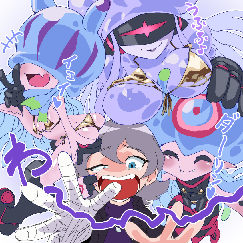 1boy 3girls absurdres bikini blue_eyes breasts colored_skin digimon digimon_ghost_game evolutionary_line fang gerusyu gold_bikini golden_week grey_hair group_picture higashimitarai_kiyoshiro highres jellymon large_breasts medium_hair multiple_girls pink_skin pointy_ears small_breasts smile swimsuit teslajellymon thetismon upper_body v