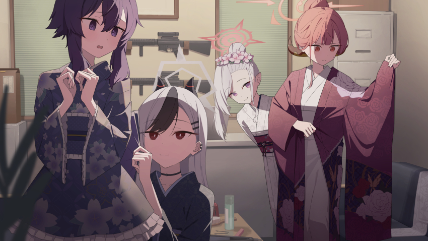 4girls adjusting_another&#039;s_clothes aru_(blue_archive) aru_(new_year)_(blue_archive) assault_rifle black_hair blue_archive brown_horns closed_mouth commentary flower grey_halo gun hair_flower hair_ornament halo haruka_(blue_archive) haruka_(new_year)_(blue_archive) highres horns indoors japanese_clothes kayoko_(blue_archive) kayoko_(new_year)_(blue_archive) kimono m16 m16a4 mikan_battery multicolored_hair multiple_girls mutsuki_(blue_archive) mutsuki_(new_year)_(blue_archive) official_alternate_costume pointy_ears problem_solver_68_(blue_archive) purple_hair red_hair red_halo red_kimono rifle smile two-tone_hair weapon white_hair white_kimono