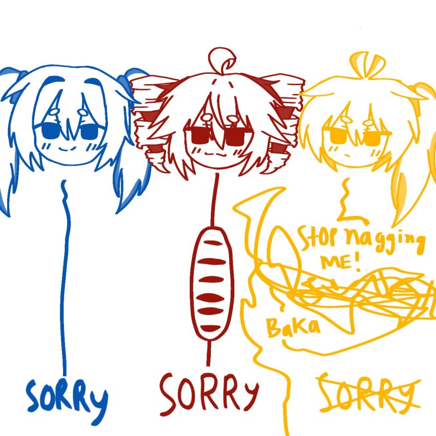 3girls :| ahoge akita_neru baguette blush bread closed_mouth drill_hair english_text food hatsune_miku head_only highres hirukoyuki850 kasane_teto lineart meme multiple_girls side_ponytail smile sorry_line_(meme) twin_drills twintails utau vocaloid white_background
