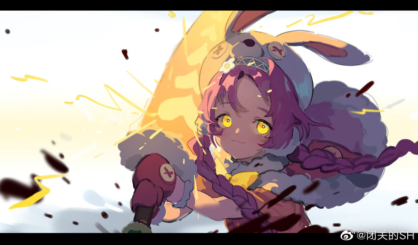 1girl :3 animal_ear_headwear animal_ears animal_hat beret black_border border braid bright_pupils cape chinese_commentary closed_mouth commentary_request debris dot_nose fake_animal_ears fighting floating_cape floating_clothes floating_hair fur-trimmed_cape fur-trimmed_gloves fur_trim gloves glowing glowing_eye hair_over_shoulder hat heart highres holding holding_sword holding_weapon huge_weapon letterboxed light_blush long_hair looking_at_viewer low_twin_braids mimi_(princess_connect!) over_shoulder parted_bangs pink_cape pink_hair princess_connect! rabbit_hat red_gloves red_shirt sh_(shinh) shirt short_sleeves smile solo sword twin_braids upper_body watermark weapon weapon_over_shoulder weibo_watermark white_background white_hat white_pupils yellow_eyes