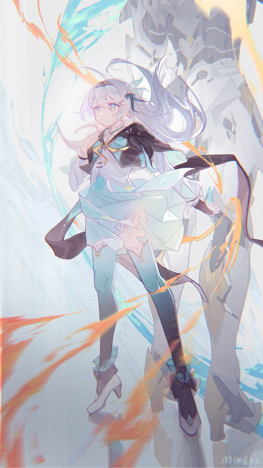 1girl aqua_skirt aqua_thighhighs black_jacket black_thighhighs closed_mouth cropped_jacket firefly_(honkai:_star_rail) floating_hair full_body grey_hair hair_between_eyes hair_ornament hairband highres honkai:_star_rail honkai_(series) jacket long_hair long_sleeves looking_to_the_side multicolored_eyes sam_(honkai:_star_rail) shirt skirt standing thighhighs white_footwear white_shirt wusubamineko