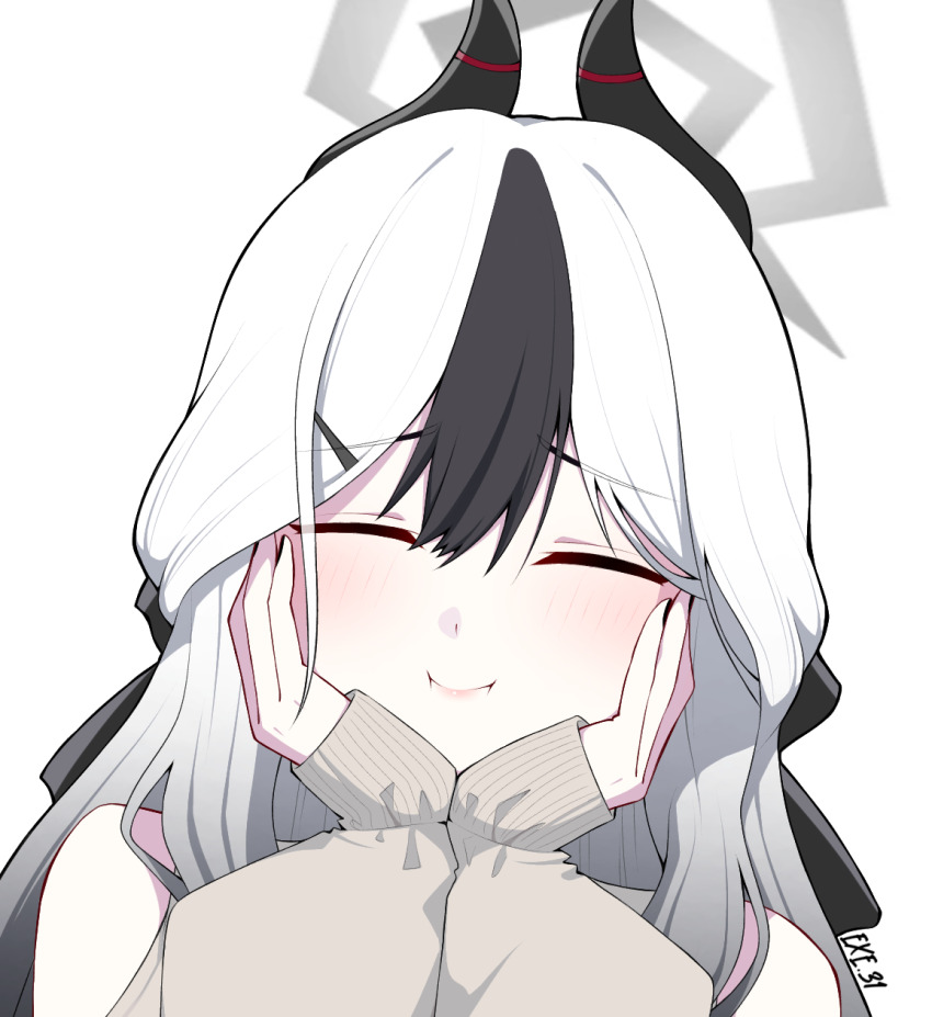 1girl bare_shoulders black_hair black_horns blue_archive closed_eyes closed_mouth exe.31 grey_halo hair_between_eyes halo hands_on_own_cheeks hands_on_own_face highres horns kayoko_(blue_archive) kayoko_(dress)_(blue_archive) long_hair multicolored_hair portrait simple_background sleeves_past_wrists smile solo two-tone_hair white_background white_hair