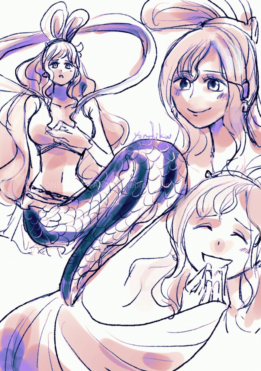 1girl ^_^ bikini bikini_top_only blush closed_eyes commentary earrings eyelashes hagoromo half_updo highres jewelry mermaid monster_girl multiple_views navel one_piece shawl shirahoshi sidelocks signature smile swimsuit symbol-only_commentary ysnfjkw