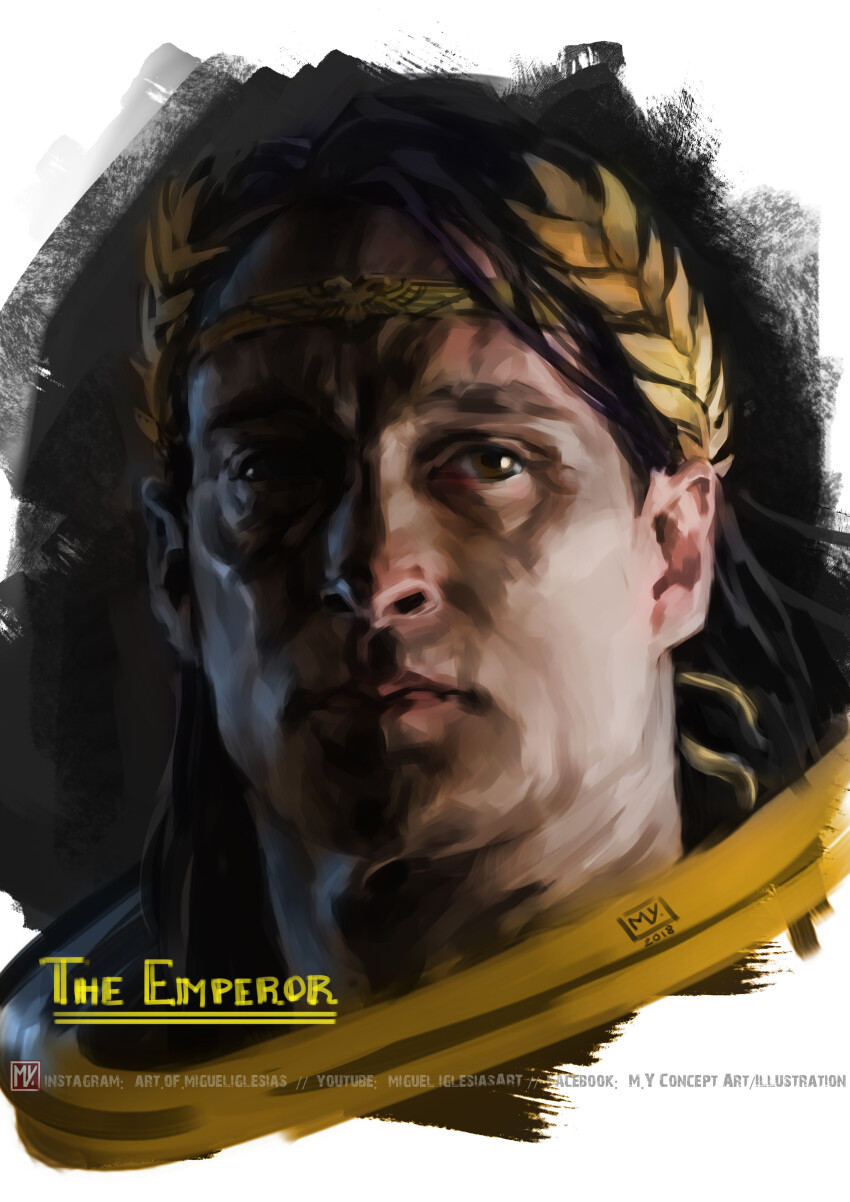 1boy absurdres armor black_hair character_name closed_mouth emperor_of_mankind facebook_username gold_armor highres instagram_username laurel_crown laurels long_hair looking_at_viewer male_focus miguel_iglesias ornate portrait power_armor simple_background sketch solo warhammer_40k white_background youtube_username