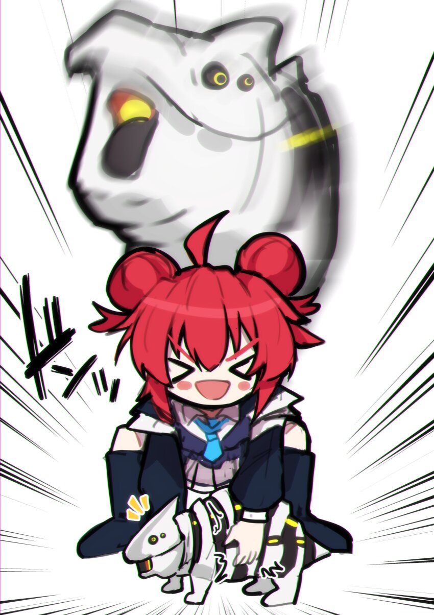 &gt;_&lt; 1girl :d absurdres ahoge alternate_form animal binah_(blue_archive) black_footwear black_sweater_vest blue_necktie blush blush_stickers closed_eyes collar collared_shirt double_bun extra_eyes full_body glowing_mouth hair_between_eyes hair_bun highres hippopotamus jacket long_sleeves maki_(blue_archive) moo_deng motion_lines nakatokung necktie no_halo non-humanoid_robot notice_lines open_clothes open_jacket open_mouth pleated_skirt projected_inset red_hair robot screaming shirt simple_background skirt smack smile sound_effects speed_lines squatting sweater_vest white_background white_collar xd yellow_eyes