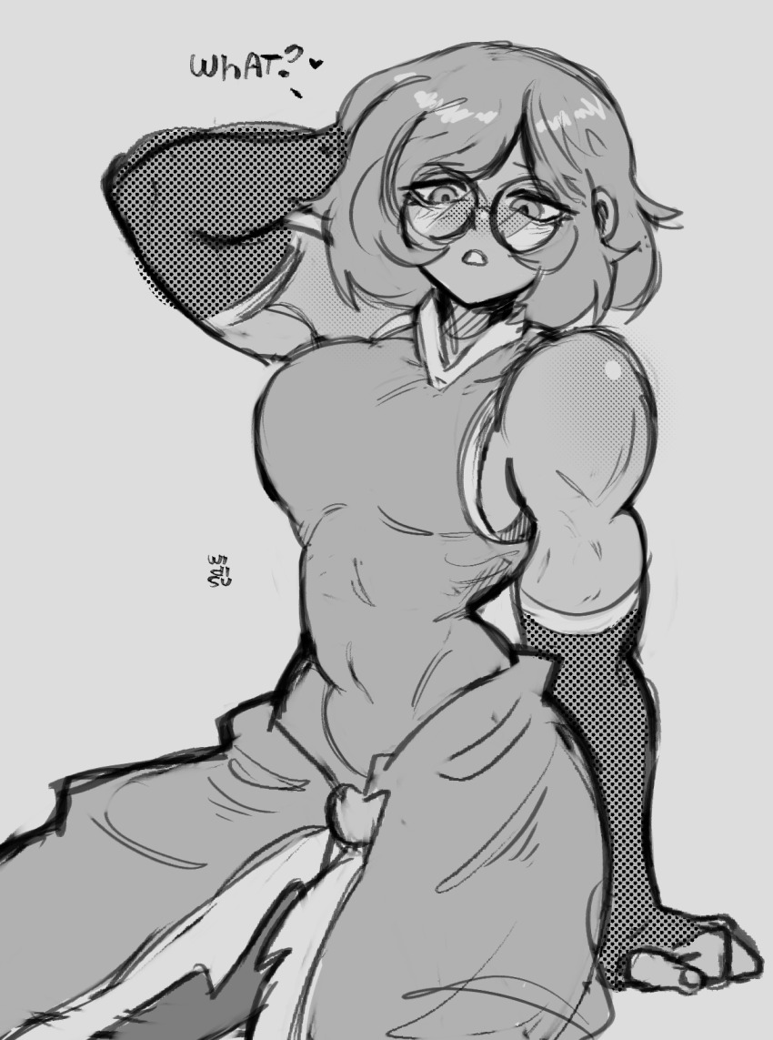 1girl arm_behind_head arm_up avatar_legends bespectacled biceps breasts elbow_gloves fingerless_gloves glasses gloves greyscale highres korra large_breasts looking_at_viewer monochrome muscular muscular_female round_eyewear short_hair sketch solo the_legend_of_korra widisu