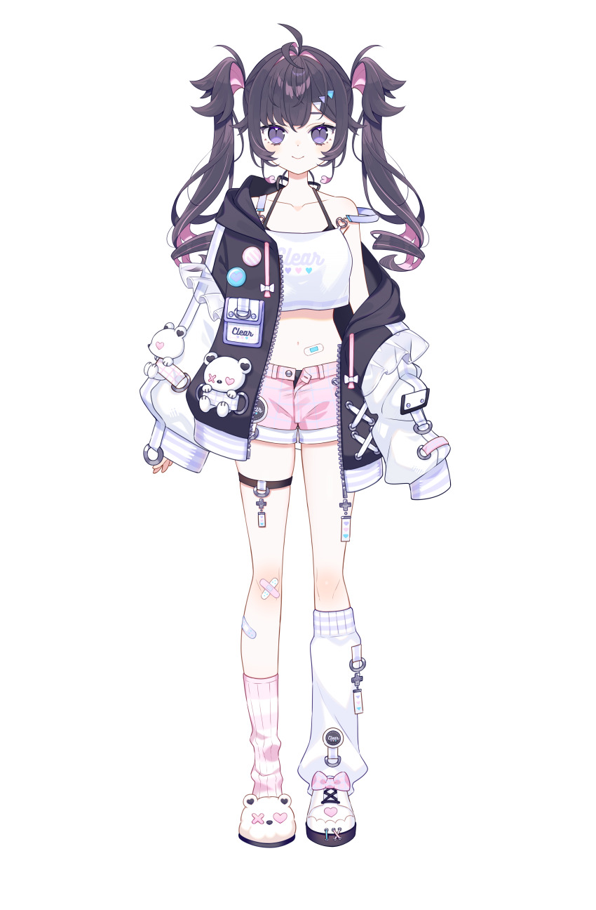 1girl absurdres asymmetrical_legwear bandaid bandaid_on_leg bandaid_on_stomach black_jacket blush boots bra closed_mouth collarbone colored_inner_hair crop_top crossed_bandaids full_body hair_intakes heart highres jacket leg_warmers long_hair mirumika_utsutsu mismatched_legwear multicolored_hair navel official_art open_clothes open_jacket pin pink_hair pink_shorts pink_socks purple_bra purple_eyes purple_hair shoes shorts simple_background single_boot single_leg_warmer single_slipper single_sock slippers smile socks solo standing tachi-e transparent_background twintails two-tone_hair uekura_eku underwear vebop_project virtual_youtuber white_leg_warmers white_shoes