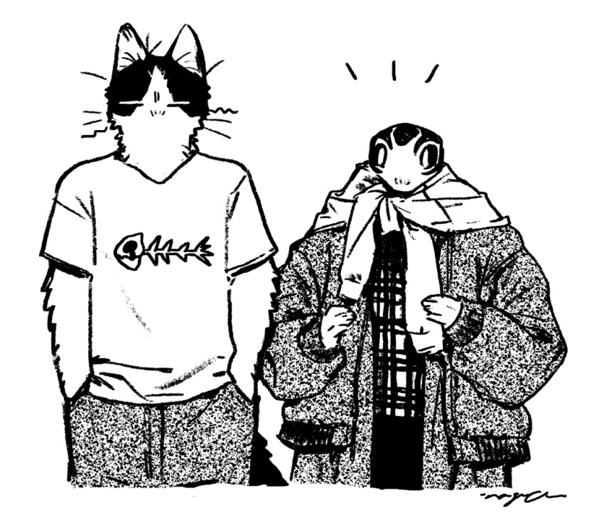 2boys animal_ears aoi_(monotone_blue) cat_boy cat_ears cat_tail closed_eyes coat commentary_request furry furry_male greyscale hachi_(monotone_blue) hands_in_pockets jacket_around_neck male_focus monochrome monotone_blue_(nagabe) multiple_boys nagabe notice_lines tail whiskers