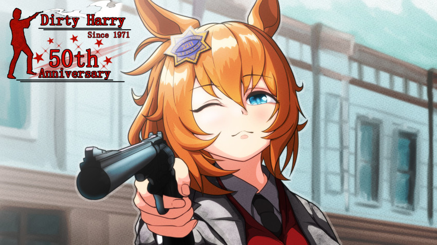 1girl alternate_costume animal_ears blue_eyes commentary cosplay ctn_sasuke dirty_harry gun hair_between_eyes handgun harry_callahan harry_callahan_(cosplay) holding holding_gun holding_weapon horse_ears horse_girl long_hair necktie one_eye_closed orange_hair parody revision revolver scene_reference solo taiki_shuttle_(umamusume) umamusume weapon
