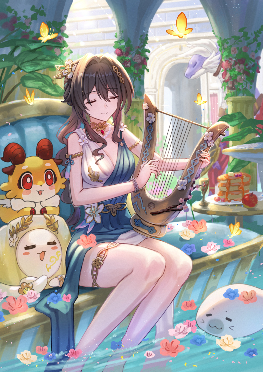 1girl absurdres alternate_costume ancient_greek_clothes apple architecture breasts brown_hair chimera_(honkai:_star_rail) cleavage closed_eyes commentary_request critter_pick_(honkai:_star_rail) dress flower food fruit greco-roman_architecture greco-roman_clothes green_dress hair_flower hair_ornament harp highres honkai:_star_rail honkai_(series) instrument isome jewelry long_hair medium_breasts music necklace pancake pearl_necklace playing_instrument ruan_mei_(honkai:_star_rail) sitting thigh_strap water