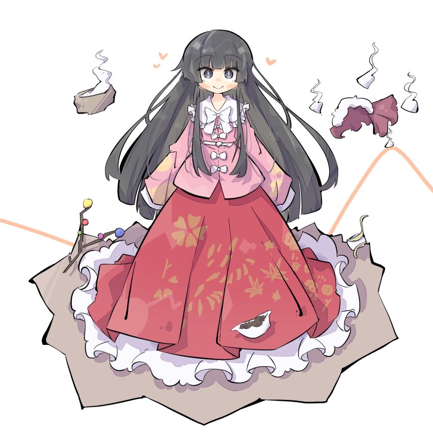 1girl black_hair bow branch heart highres houraisan_kaguya jeweled_branch_of_hourai kaguya_hime long_hair long_skirt looking_at_viewer pink_shirt primsla red_skirt shirt skirt smile solo taketori_monogatari touhou white_background white_bow