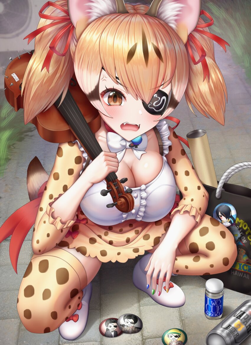 1girl alcohol animal_ears bag bow bowtie brown_eyes brown_hair cat_ears cat_girl cat_tail extra_ears eyepatch highres instrument kemono_friends kemono_friends_v_project large-spotted_genet_(kemono_friends) long_hair looking_at_viewer microphone neukkom ribbon shirt shoes sitting skirt solo tail thighhighs twintails violin virtual_youtuber