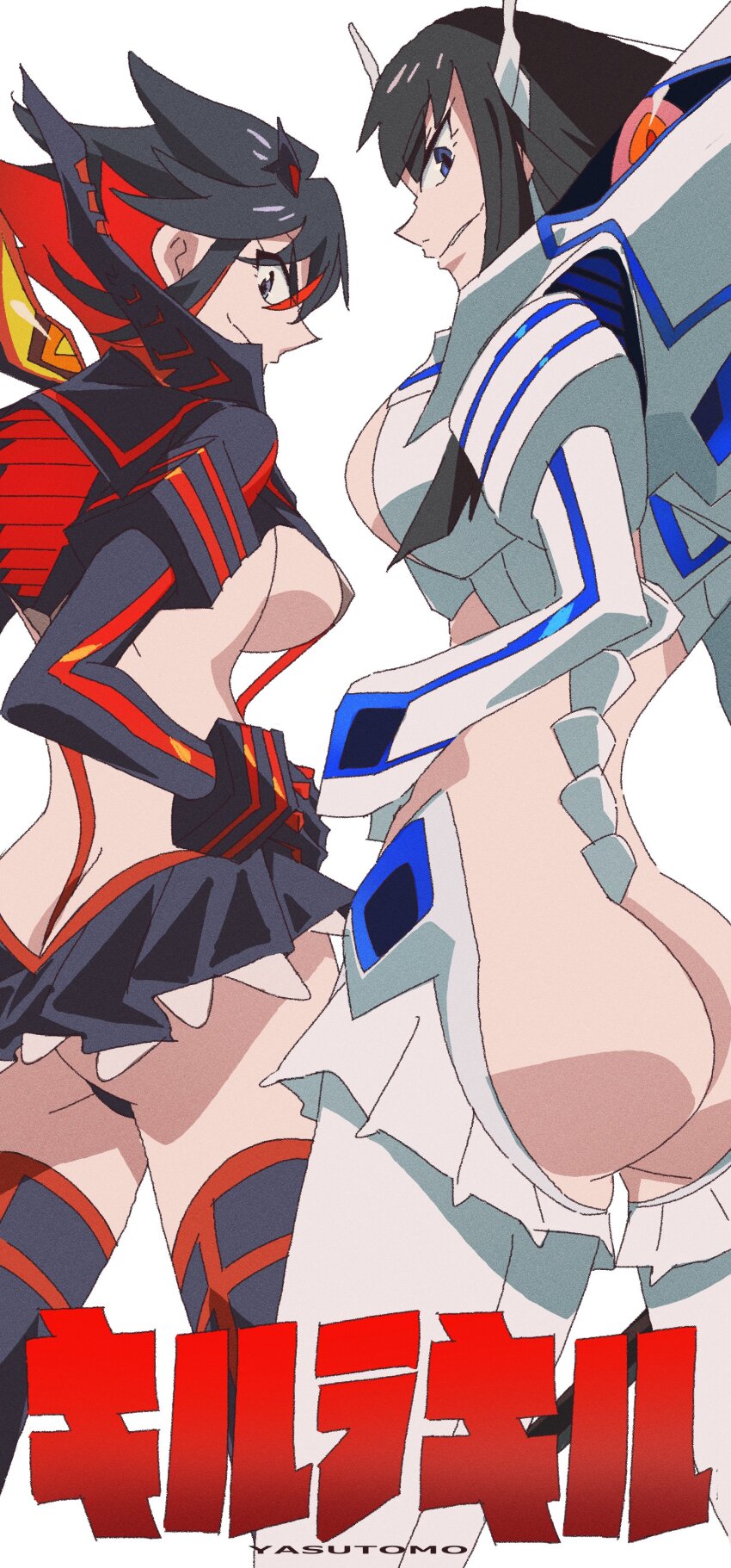 2girls absurdres artist_name ass black_hair black_skirt black_thighhighs blue_eyes breasts commentary_request copyright_name from_behind highres junketsu kill_la_kill kiryuuin_satsuki looking_at_viewer looking_back matoi_ryuuko medium_breasts microskirt multicolored_hair multiple_girls red_hair revealing_clothes senketsu sideboob skirt streaked_hair suspenders thighhighs white_background white_thighhighs yasutomo!_(akuasky)