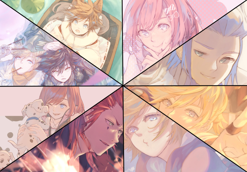 101_dalmatians 1girl 5boys animal animal_collar animal_ears axel_(kingdom_hearts) black_hair blonde_hair blue_collar blue_eyes blue_hair boat brown_hair closed_mouth collar commentary_request dalmatian green_eyes grin highres holding holding_animal isa_(kingdom_hearts) kairi_(kingdom_hearts) kingdom_hearts lily_pad looking_at_viewer looking_up medium_hair multiple_boys o3o pink_hair red_hair roxas short_hair smile sora_(kingdom_hearts) spiked_hair twilight_yuuhi vanitas_(kingdom_hearts) ventus_(kingdom_hearts) water watercraft