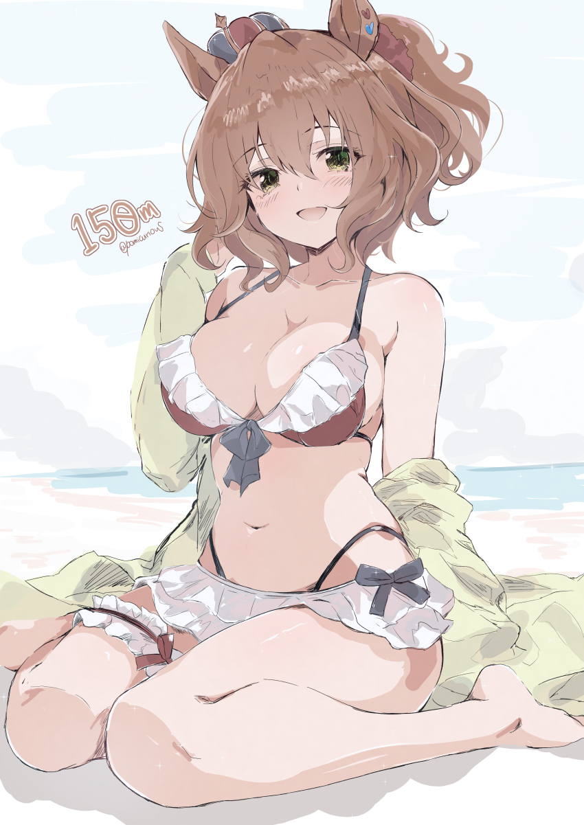 1girl :d absurdres animal_ears aston_machan_(umamusume) barefoot bikini blue_sky blush breasts brown_hair cleavage cloud crown day frilled_bikini frills green_eyes hair_between_eyes highres horse_ears horse_girl kannagiray large_breasts long_hair looking_at_viewer ocean open_mouth outdoors ponytail red_bikini short_hair sitting sky smile solo swimsuit thighs umamusume