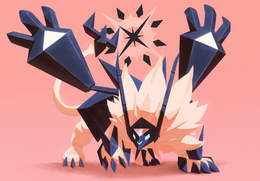 alternate_color animal_nose black_claws black_gemstone black_helmet black_mask blue_eyes claws crystal ewokakukaede fake_horns gem gen_7_pokemon glowing glowing_eyes helmet highres horned_helmet horned_mask horns legendary_pokemon lion mane mask necrozma necrozma_(dusk_mane) nintendo no_humans official_alternate_color pink_background pokemon pokemon_(creature) pokemon_focus shiny_pokemon solo sparkle star_(symbol) sun_symbol tail triangle