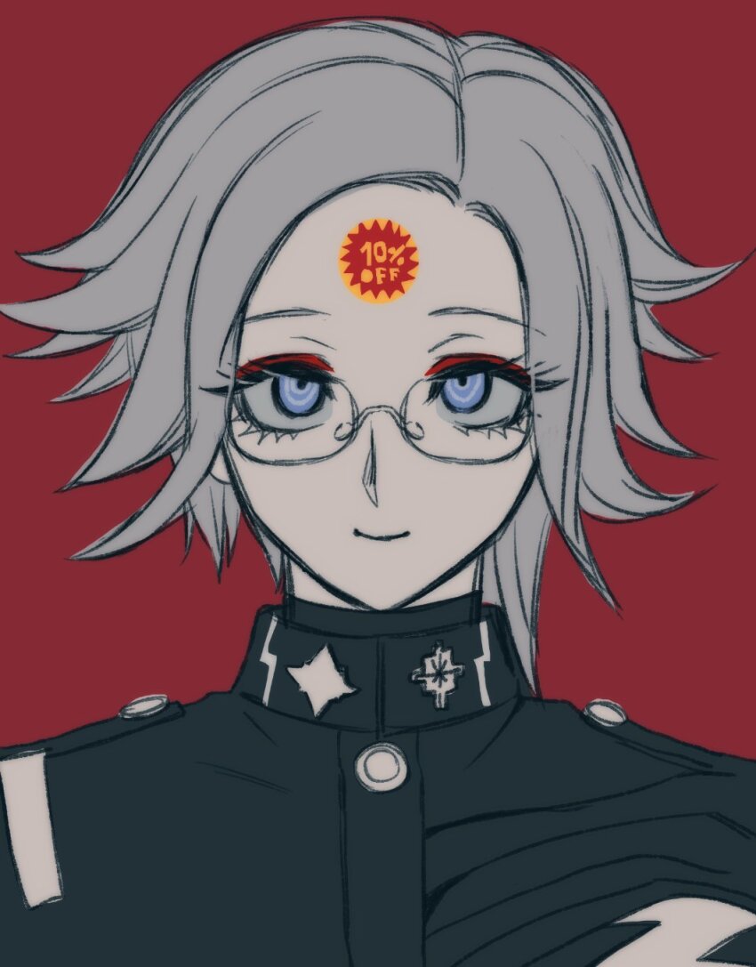 1boy aotsuki_eito bubble_pop_sdk commentary eyeliner gakuran glasses grey_eyes grey_hair highres last_defense_academy_school_uniform looking_at_object makeup male_focus portrait red_background red_eyeliner sale school_uniform short_hair simple_background smile solo sticker sticker_on_face symbol-only_commentary the_hundred_line_-last_defense_academy-