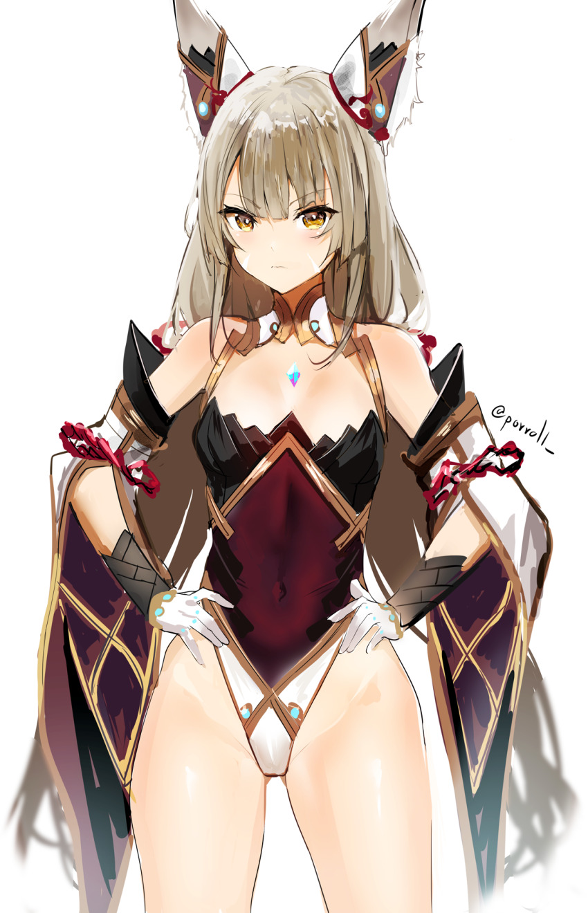 1girl animal_ear_fluff animal_ears artist_name bare_shoulders black_leotard chest_jewel closed_mouth covered_navel detached_sleeves facial_mark gloves gluteal_fold grey_hair hands_on_own_hips highleg highleg_leotard highres leotard long_hair looking_at_viewer nia_(blade)_(xenoblade) nia_(xenoblade) porroll simple_background solo very_long_hair white_background white_gloves xenoblade_chronicles_(series) xenoblade_chronicles_2 yellow_eyes