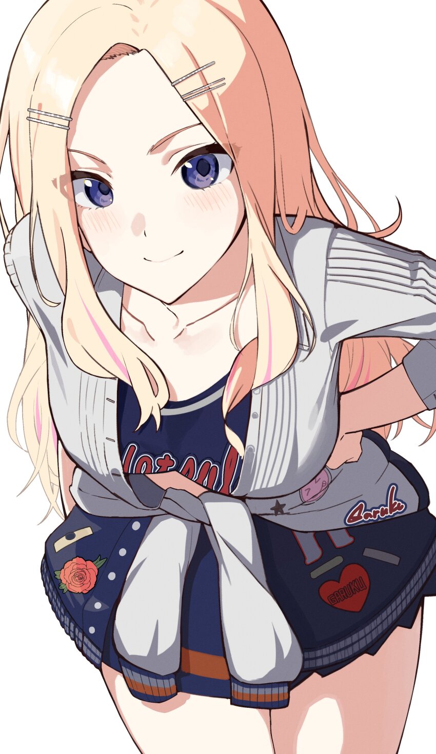 1girl absurdres blonde_hair blush breasts closed_mouth collarbone gakuen_idolmaster garuku1120 hair_ornament hairpin highres idolmaster juo_sena legs light_blush long_hair looking_at_viewer medium_breasts out_of_frame parted_bangs pleated_skirt purple_eyes simple_background skirt solo thighs upper_body white_background