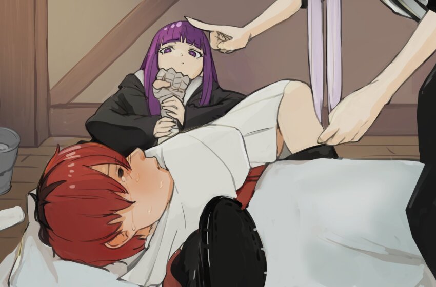 1boy 2girls armbar black_coat black_footwear blunt_bangs blush boots bucket coat dress fern_(sousou_no_frieren) frieren head_out_of_frame higemu highres holding_another&#039;s_arm indoors lying multiple_girls on_side profile pulling purple_eyes purple_hair red_hair referee shirt short_hair sousou_no_frieren stark_(sousou_no_frieren) striped_clothes striped_shirt twintails vertical-striped_clothes vertical-striped_shirt white_dress white_hair wrestling wwe
