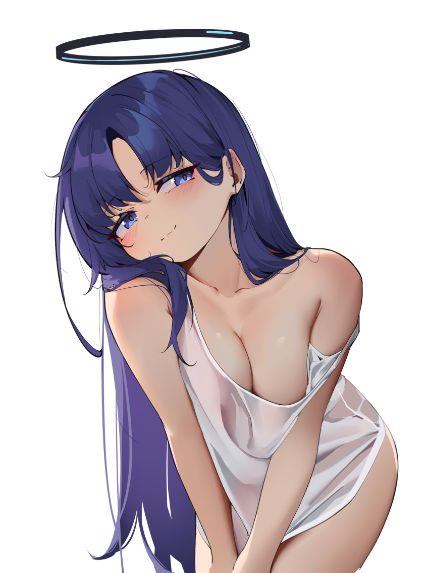 1girl bare_arms bare_shoulders blue_archive blush breasts closed_mouth cowboy_shot halo highres long_hair looking_at_viewer mechanical_halo naked_shirt no_pants painterliuhao parted_bangs purple_eyes purple_hair shirt simple_background solo yuuka_(blue_archive)