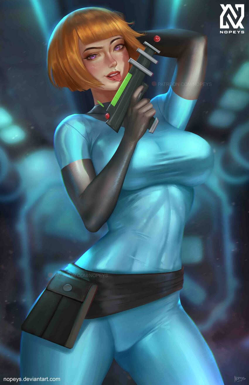1girl absurdres belt belt_pouch black_gloves blue_bodysuit blurry blush bodysuit breasts danny_phantom depth_of_field elbow_gloves gloves gun highres holding holding_gun holding_weapon large_breasts looking_at_viewer maddie_fenton mature_female nopeys open_mouth orange_hair paid_reward_available pouch purple_eyes short_hair tongue tongue_out weapon