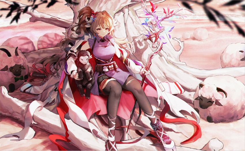 1girl ^_^ animal animal_ears anklet arknights beach black_pantyhose bow bowtie breasts brown_hair closed_eyes coat eyjafjalla_(arknights) eyjafjalla_the_hvit_aska_(arknights) green_bow green_bowtie highres holding holding_sheep holding_staff horns infection_monitor_(arknights) jewelry jia_redian_ruzi_ruzi long_hair looking_at_viewer medium_breasts official_art open_clothes open_coat outdoors pantyhose pink_theme purple_shirt red_eyes sand sheep sheep_ears sheep_girl sheep_horns shirt sitting solo staff tree very_long_hair water white_coat
