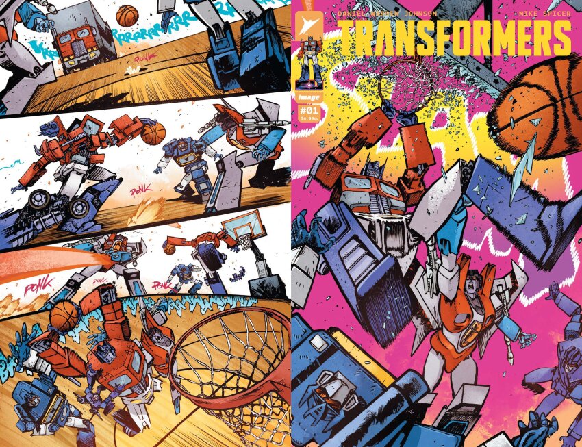 artist_collaboration artist_name autobot ball basketball basketball_(object) basketball_hoop blue_eyes box_truck clenched_teeth comic_cover commentary copyright_name cover cover_page daniel_warren_johnson decepticon english_commentary frown highres jumping mecha mechanical_wings mike_spicer motor_vehicle official_art open_hand open_mouth optimus_prime red_eyes robot rumble_(transformers) science_fiction shoulder_cannon slam_dunk_(basketball) sound_effects soundwave_(transformers) starscream surprised teeth transformation transformers transformers_(skybound) truck western_comics_(style) wings