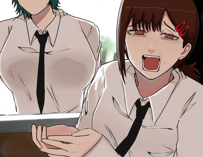 against_glass breasts car car_interior chainsaw_man crying dolphin_cat green_hair hair_ornament hairpin higashiyama_kobeni highres himeno_(chainsaw_man) large_breasts looking_at_viewer meme mole motor_vehicle necktie open_mouth ponytail scared screaming shirt short_hair tagme white_shirt woman_scared_of_breasts_(meme)