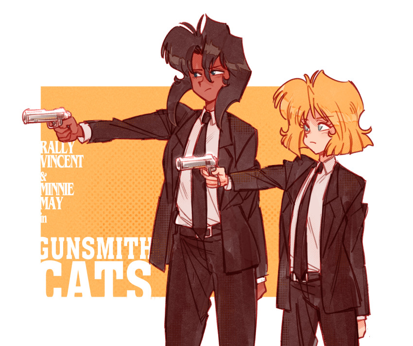 2girls arms_behind_back text_background black_hair blonde_hair blue_eyes copyright_name disgust formal_clothes gun gunsmith_cats gutalalaman highres minnie_may_hopkins multiple_girls pulp_fiction rally_vincent short_hair suit weapon
