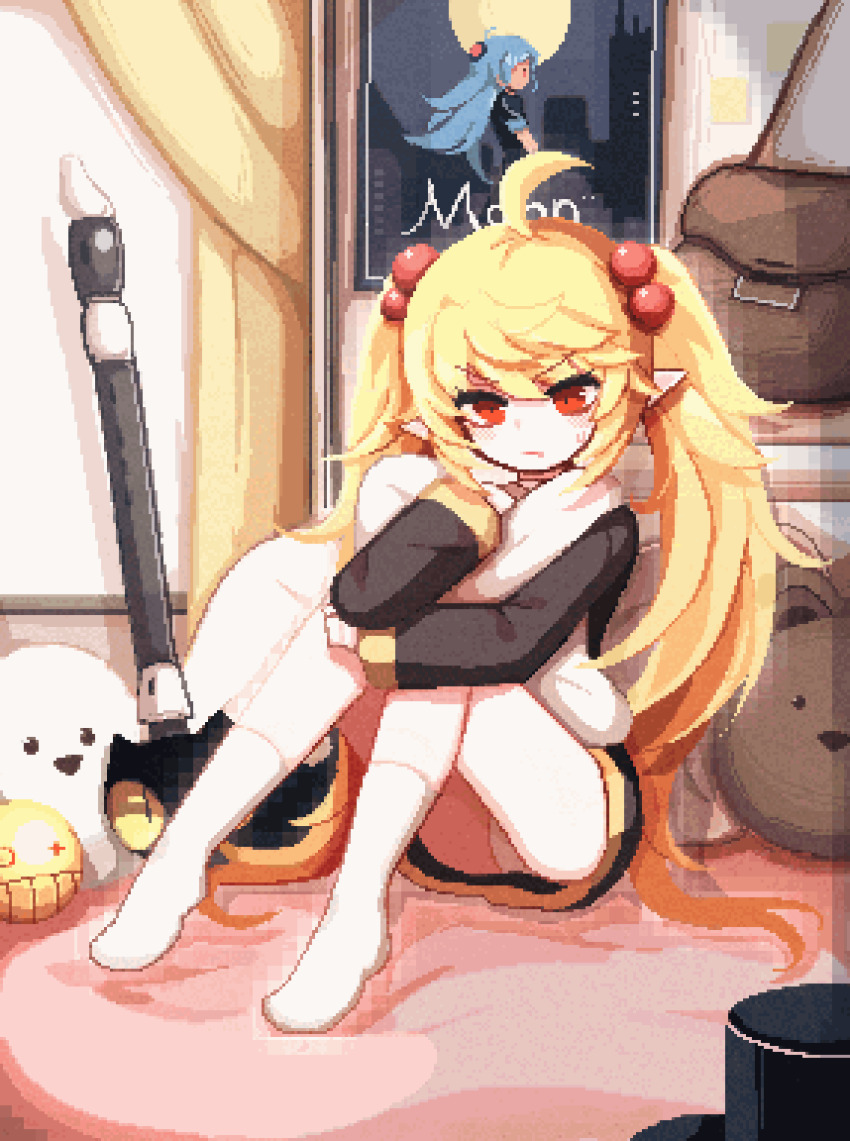 1girl animated animated_gif blinking brown_bag commission curtains dungeon_and_fighter female_mage_(dungeon_and_fighter) flute highres hugging_object hwaryeok indoors instrument kneehighs long_sleeves on_bed panties pillow pillow_hug pixel_art pointy_ears poster_(object) recorder second-party_source sitting socks solo sticky_note twintails underwear white_panties white_socks